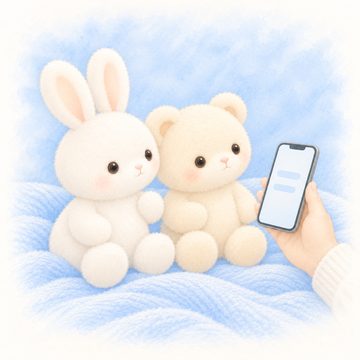 よこから ひとこと いうと、ぬいぐるみが ふりむく絵