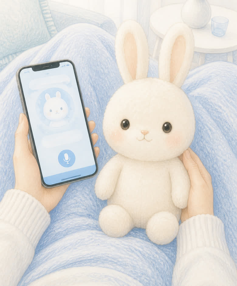 ぬいぐるみを抱っこしながら、スマートフォンで話しかけている様子のイラスト